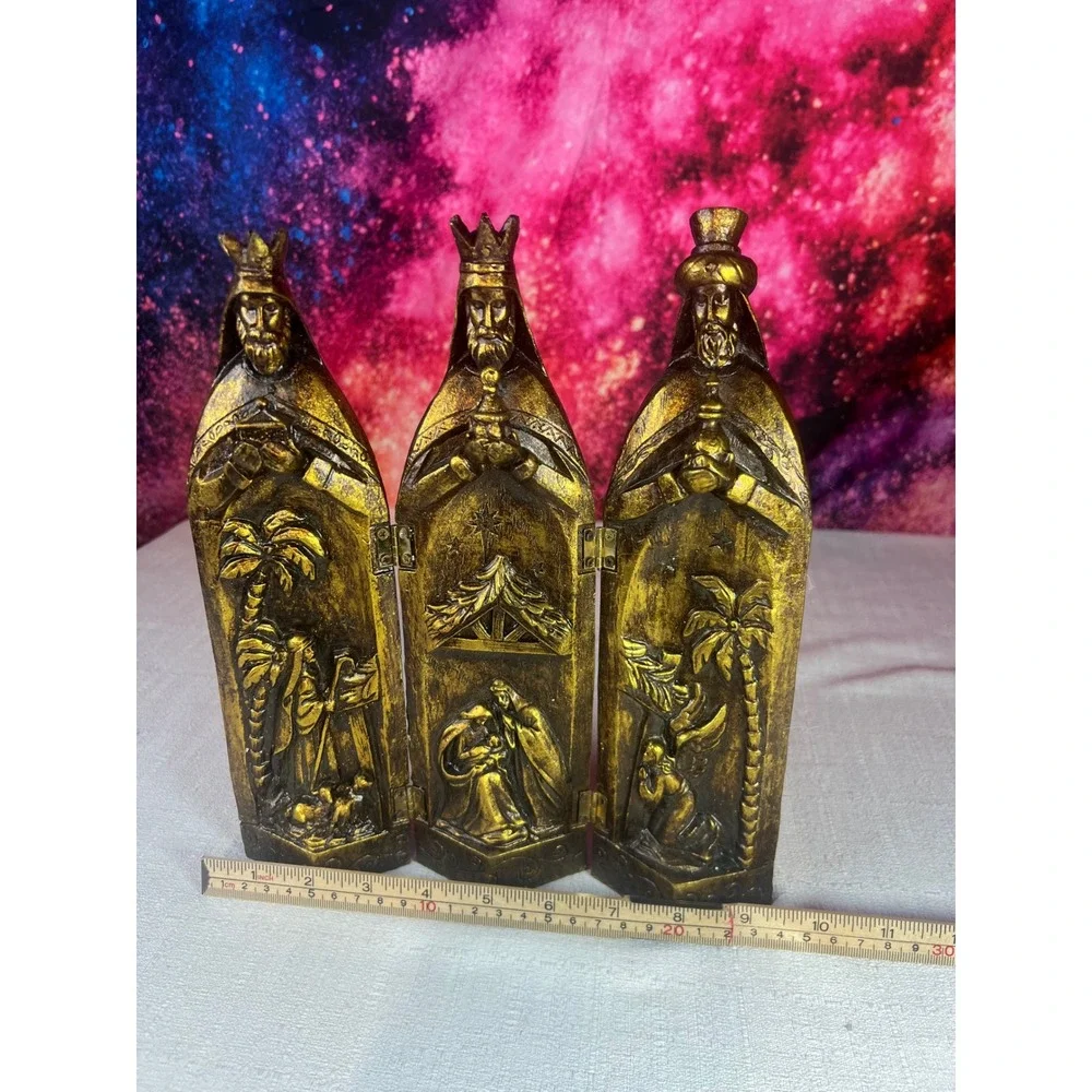 Vintage Gold Triptych Nativity Scene Folding Three Wise Men Christmas Decor 9.5